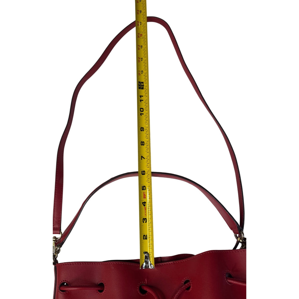 Lauren Ralph Lauren Red Leather Drawstring Bucket Bag W/Gold RL Detail 10"x10"