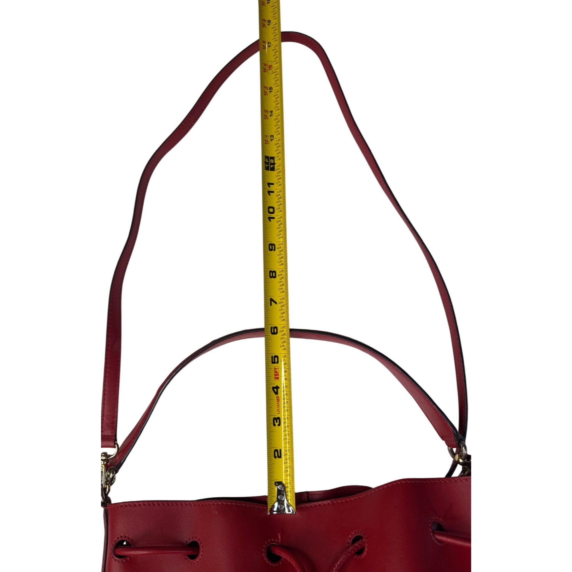 Lauren Ralph Lauren Red Leather Drawstring Bucket Bag W/Gold RL Detail 10"x10"