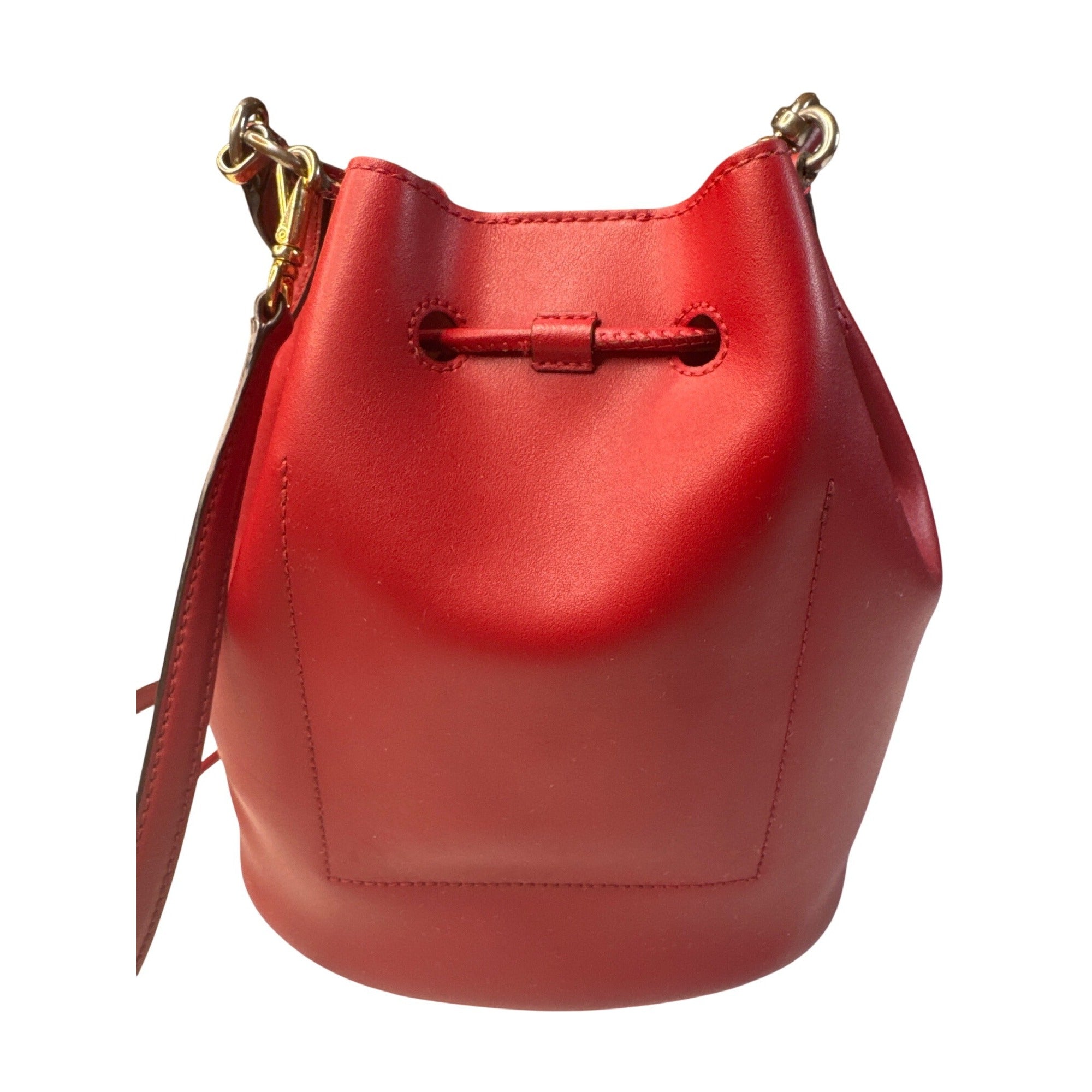 Lauren Ralph Lauren Red Leather Drawstring Bucket Bag W/Gold RL Detail 10"x10"