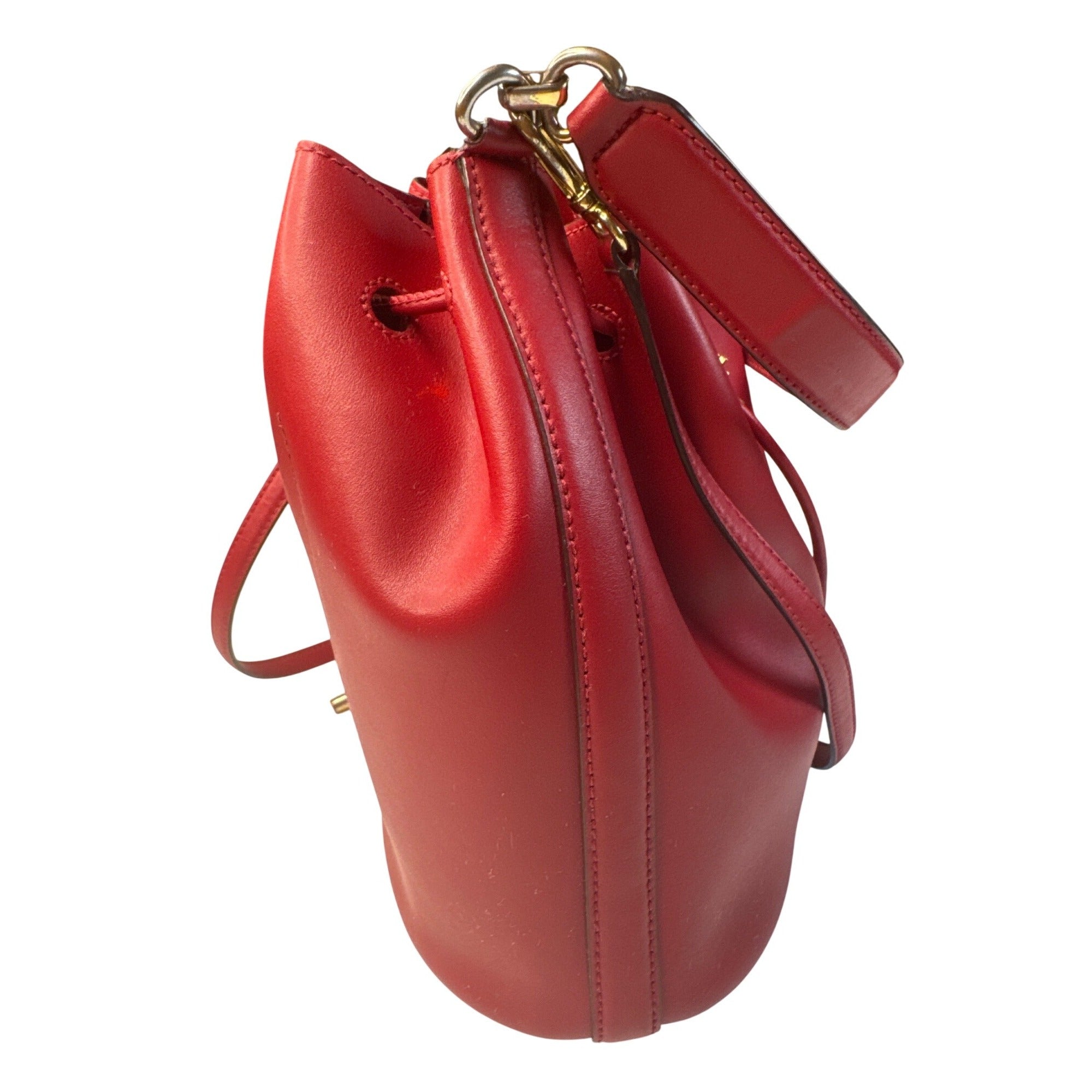 Lauren Ralph Lauren Red Leather Drawstring Bucket Bag W/Gold RL Detail 10"x10"