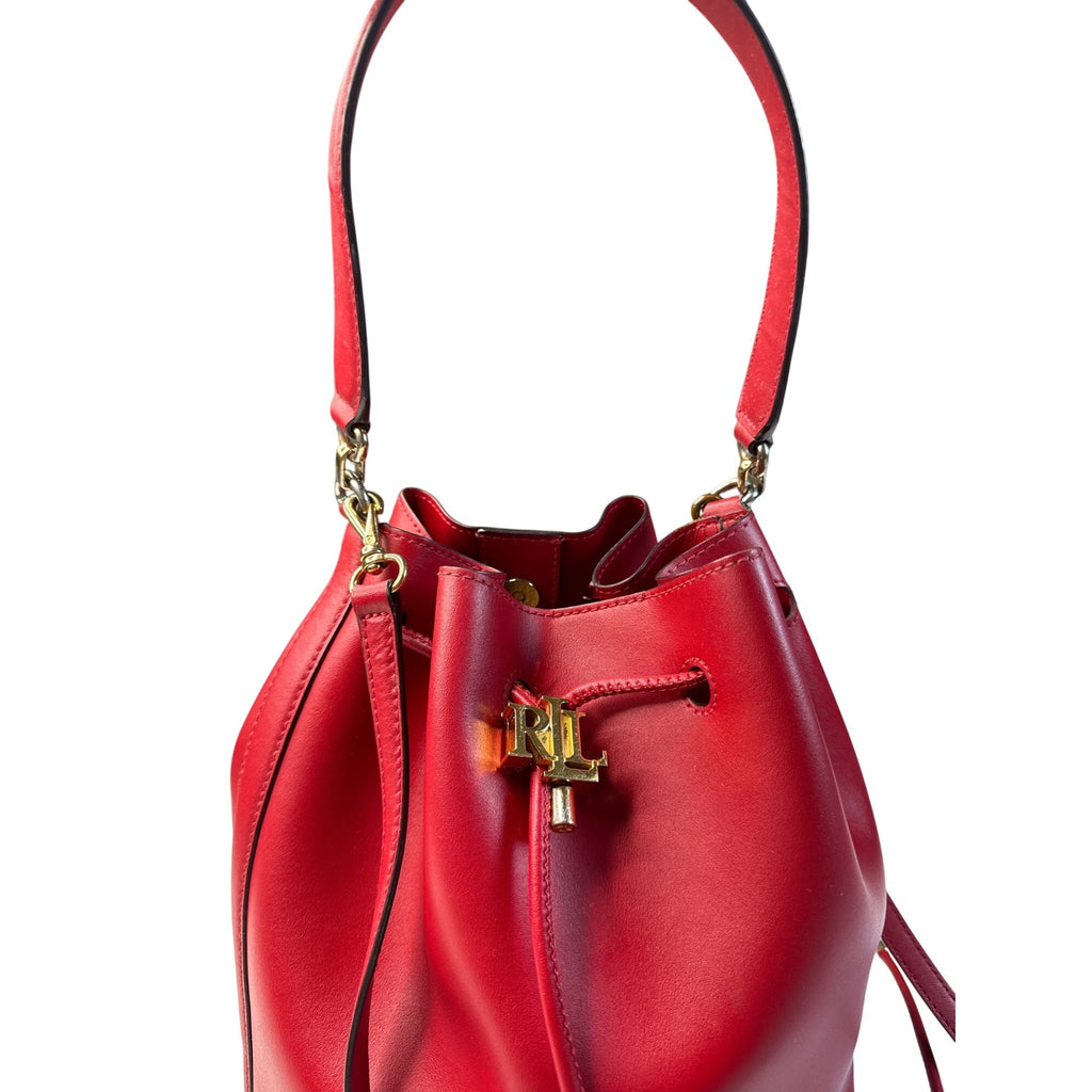 Lauren Ralph Lauren Red Leather Drawstring Bucket Bag W/Gold RL Detail 10"x10"