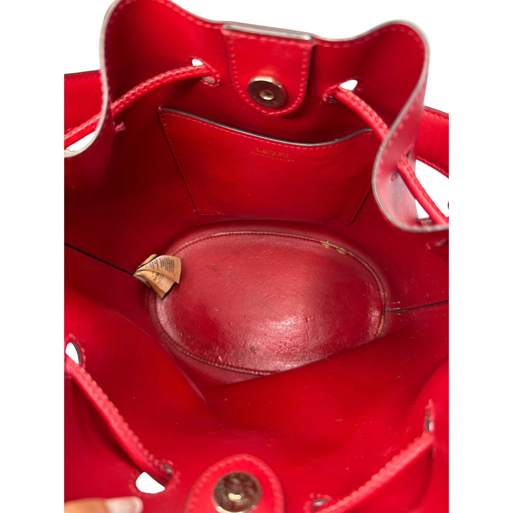 Lauren Ralph Lauren Red Leather Drawstring Bucket Bag W/Gold RL Detail 10"x10"
