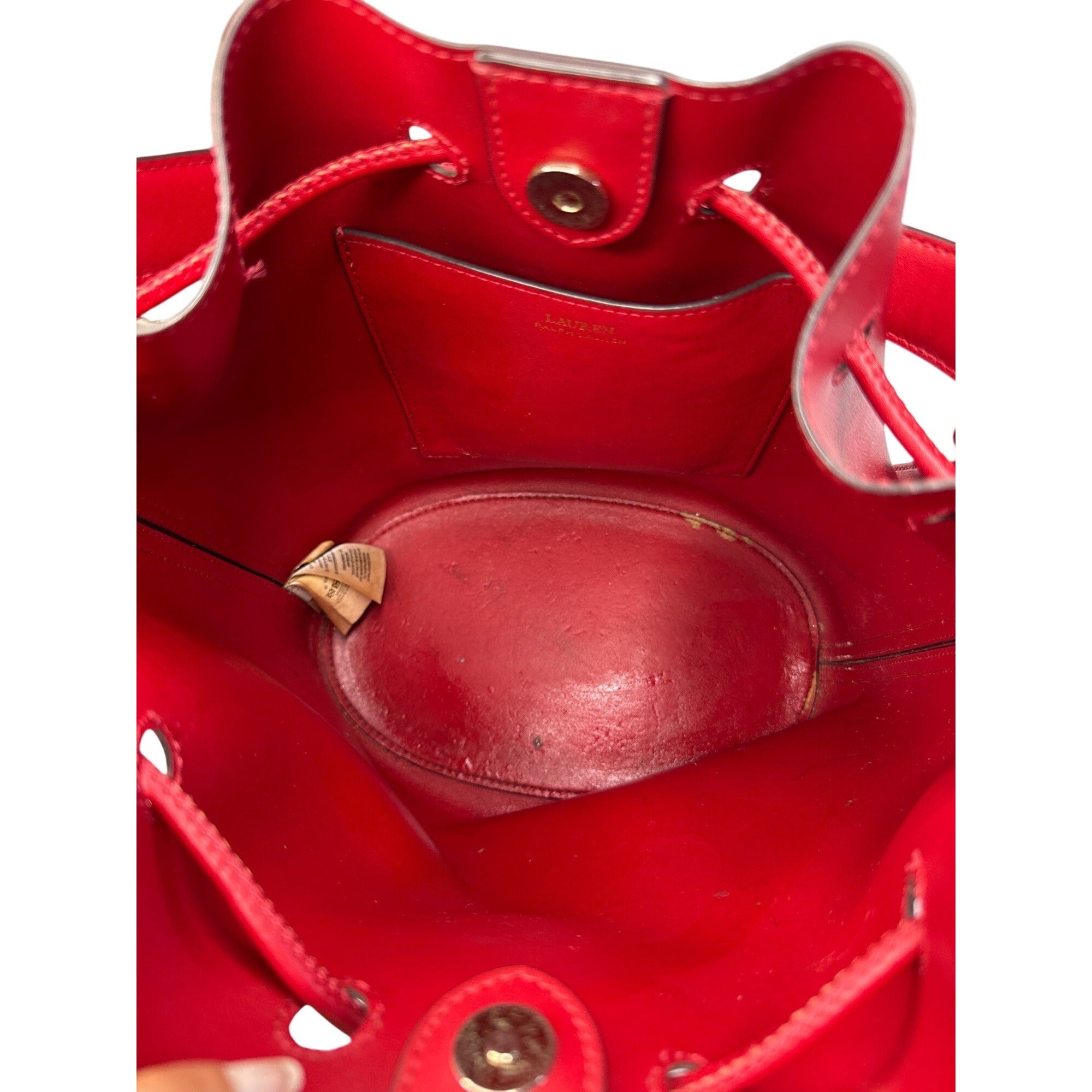 Lauren Ralph Lauren Red Leather Drawstring Bucket Bag W/Gold RL Detail 10"x10"