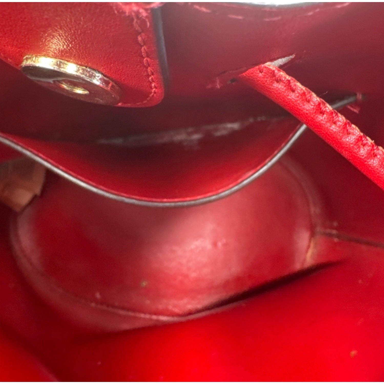 Lauren Ralph Lauren Red Leather Drawstring Bucket Bag W/Gold RL Detail 10"x10"