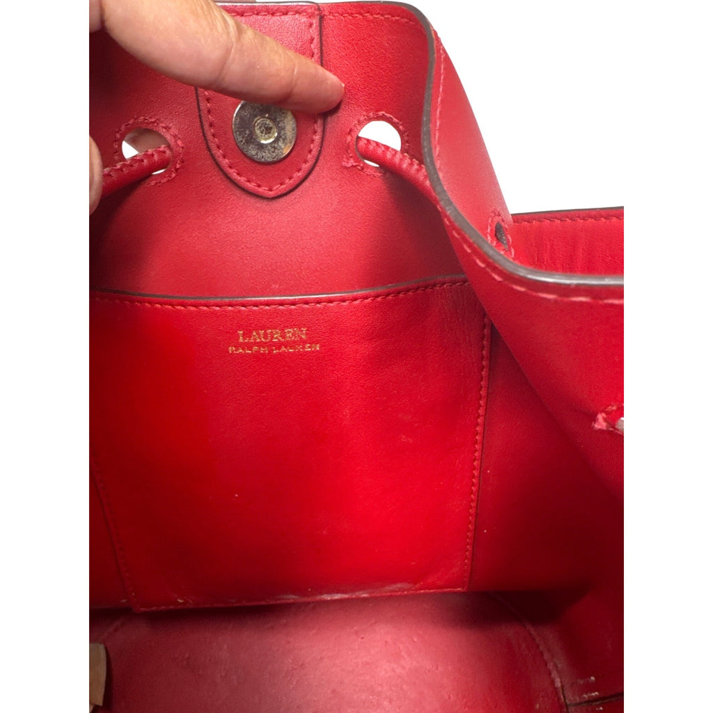 Lauren Ralph Lauren Red Leather Drawstring Bucket Bag W/Gold RL Detail 10"x10"