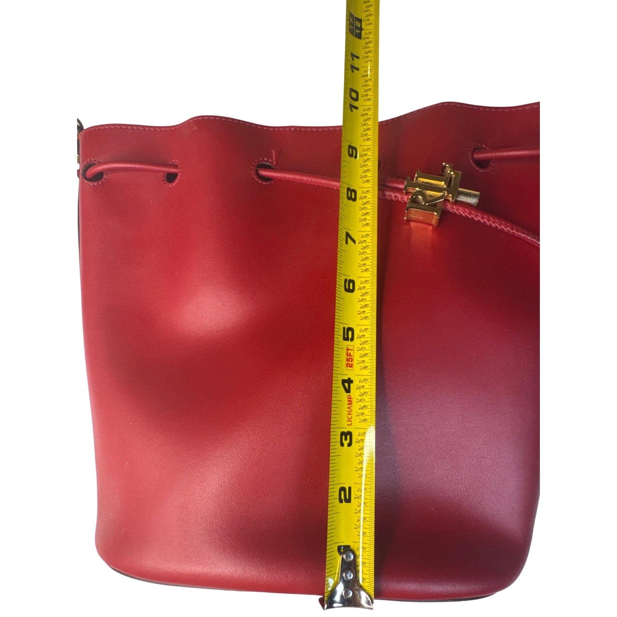 Lauren Ralph Lauren Red Leather Drawstring Bucket Bag W/Gold RL Detail 10"x10"