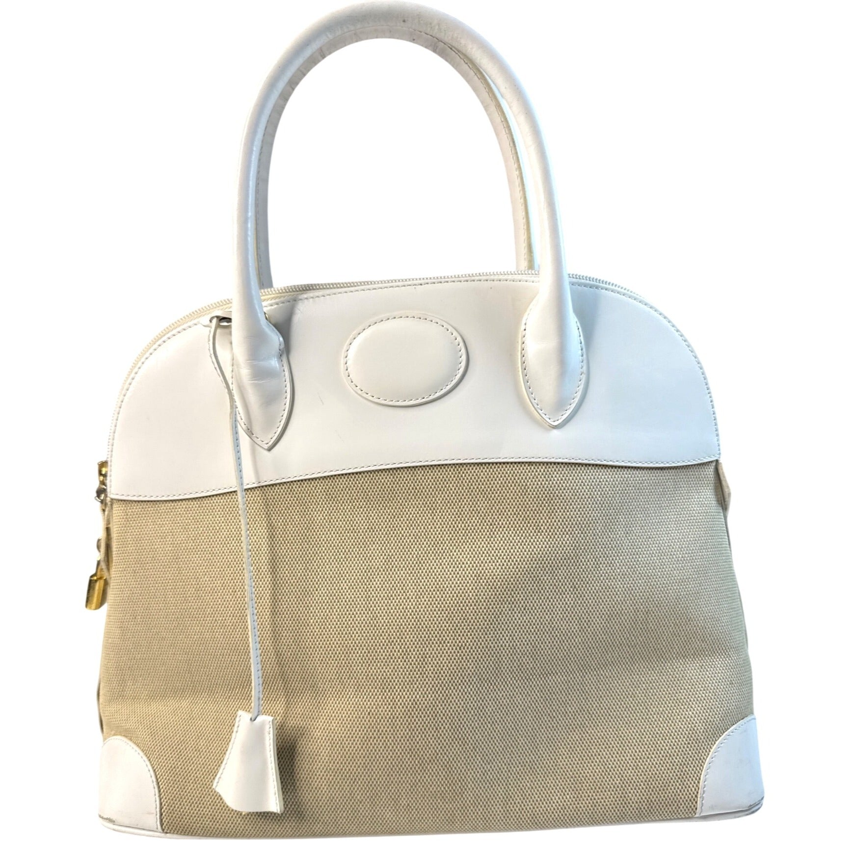Vintage Siso Beige/White Leather Trim Canvas Handbag Made In Italy W/Lock & Key
