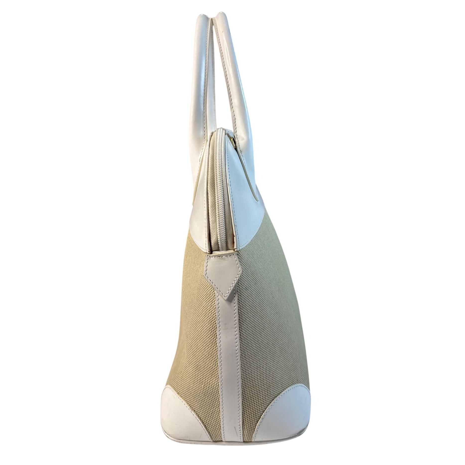 Vintage Siso Beige/White Leather Trim Canvas Handbag Made In Italy W/Lock & Key