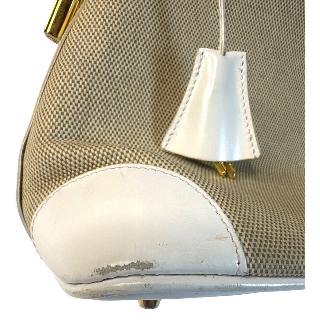Vintage Siso Beige/White Leather Trim Canvas Handbag Made In Italy W/Lock & Key