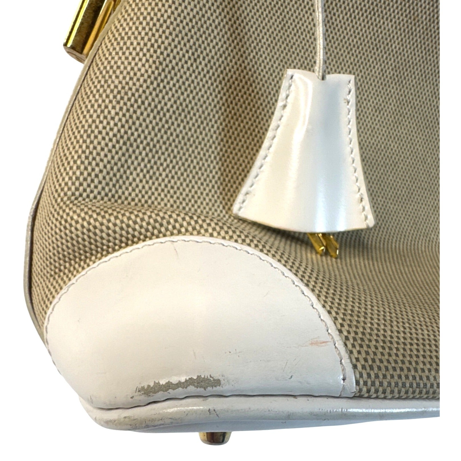 Vintage Siso Beige/White Leather Trim Canvas Handbag Made In Italy W/Lock & Key