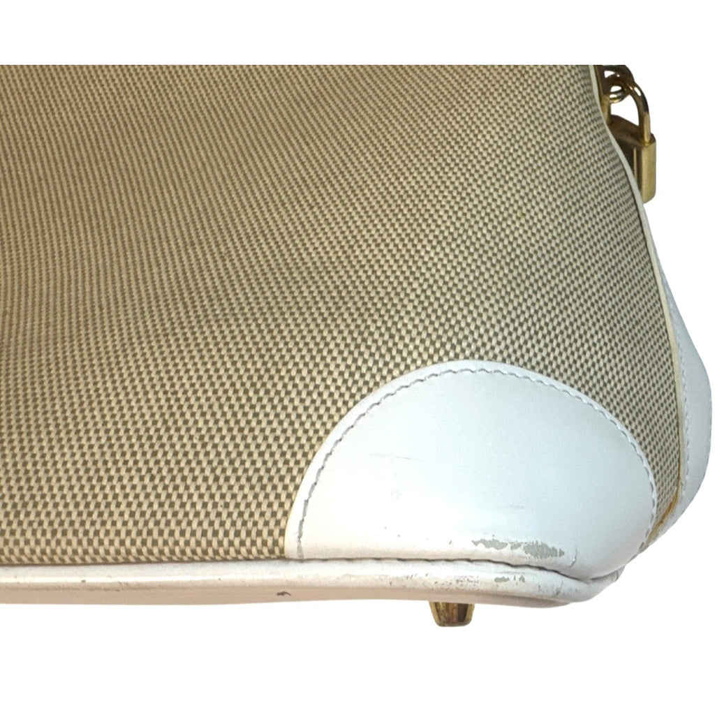 Vintage Siso Beige/White Leather Trim Canvas Handbag Made In Italy W/Lock & Key