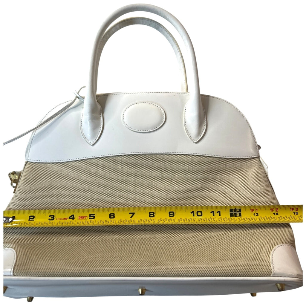 Vintage Siso Beige/White Leather Trim Canvas Handbag Made In Italy W/Lock & Key