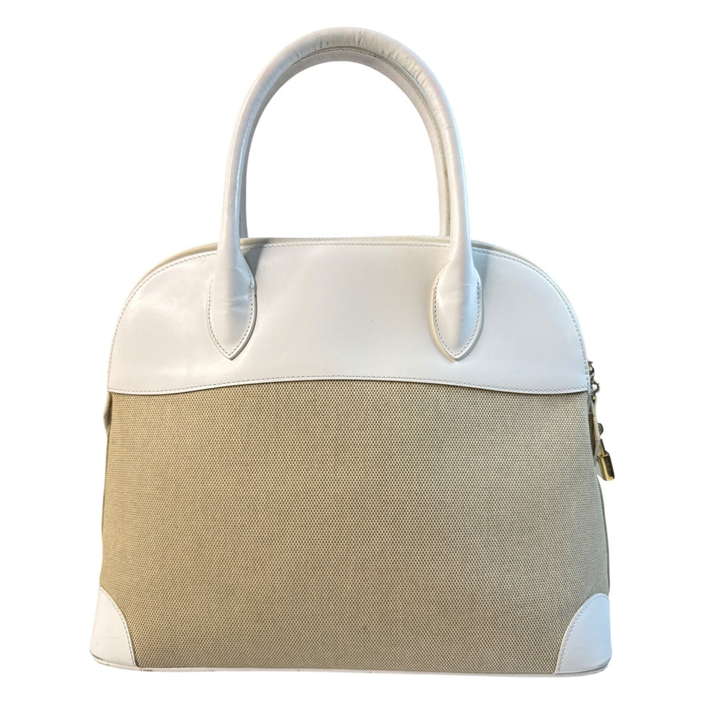 Vintage Siso Beige/White Leather Trim Canvas Handbag Made In Italy W/Lock & Key