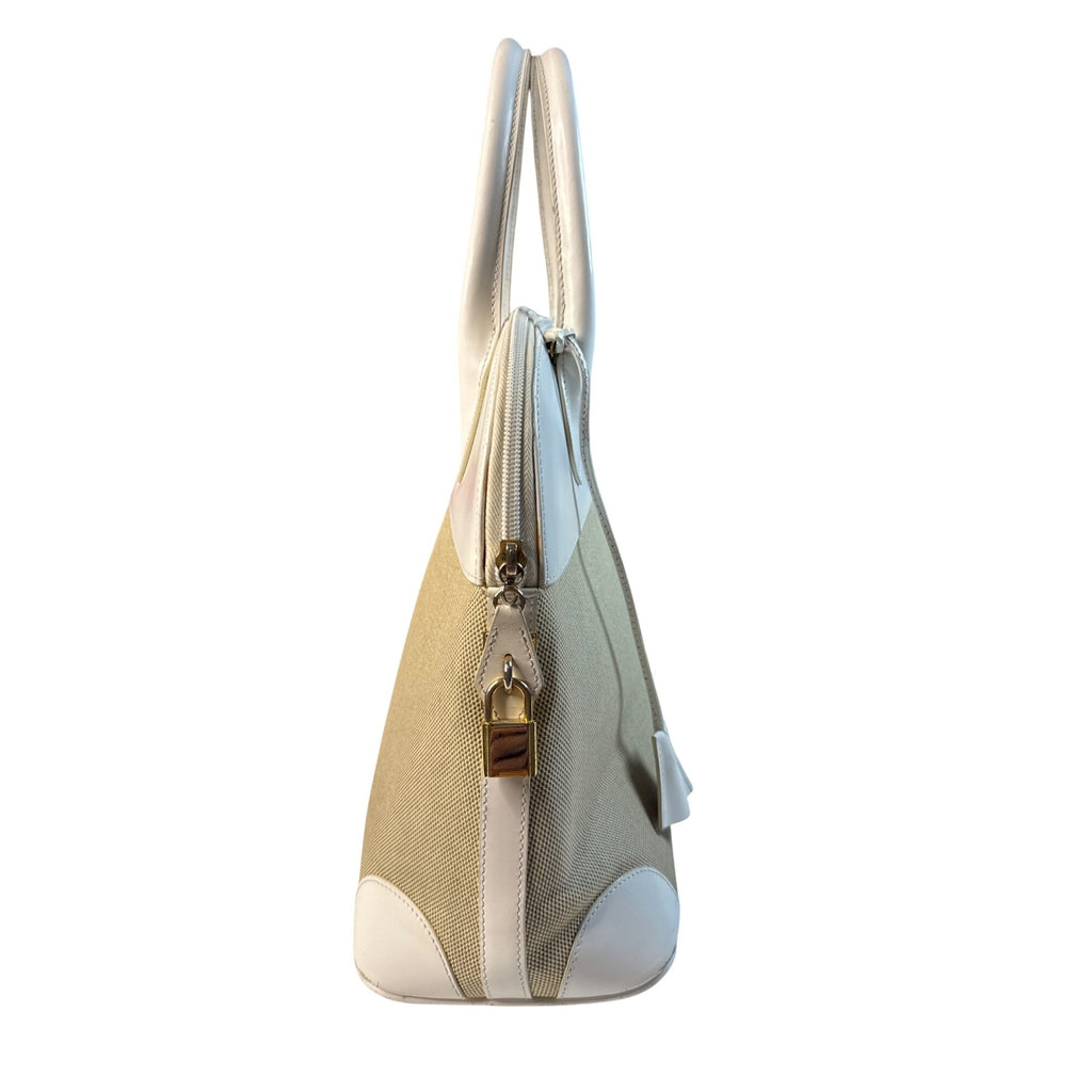 Vintage Siso Beige/White Leather Trim Canvas Handbag Made In Italy W/Lock & Key