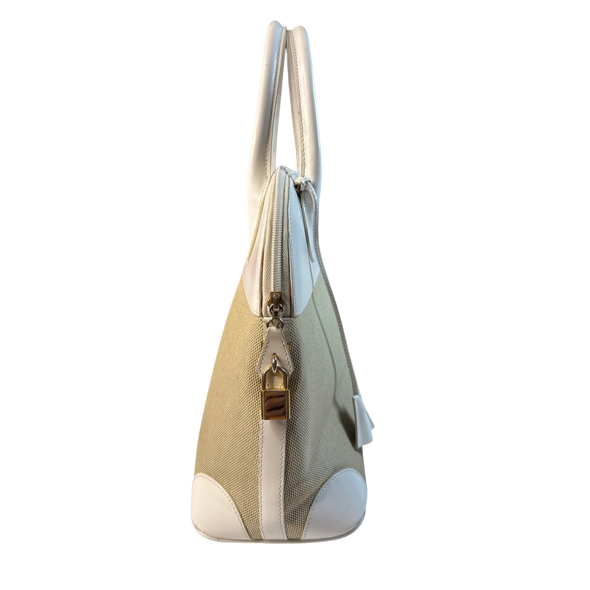 Vintage Siso Beige/White Leather Trim Canvas Handbag Made In Italy W/Lock & Key