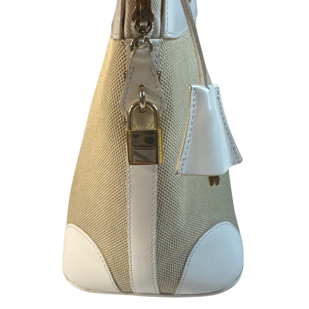Vintage Siso Beige/White Leather Trim Canvas Handbag Made In Italy W/Lock & Key