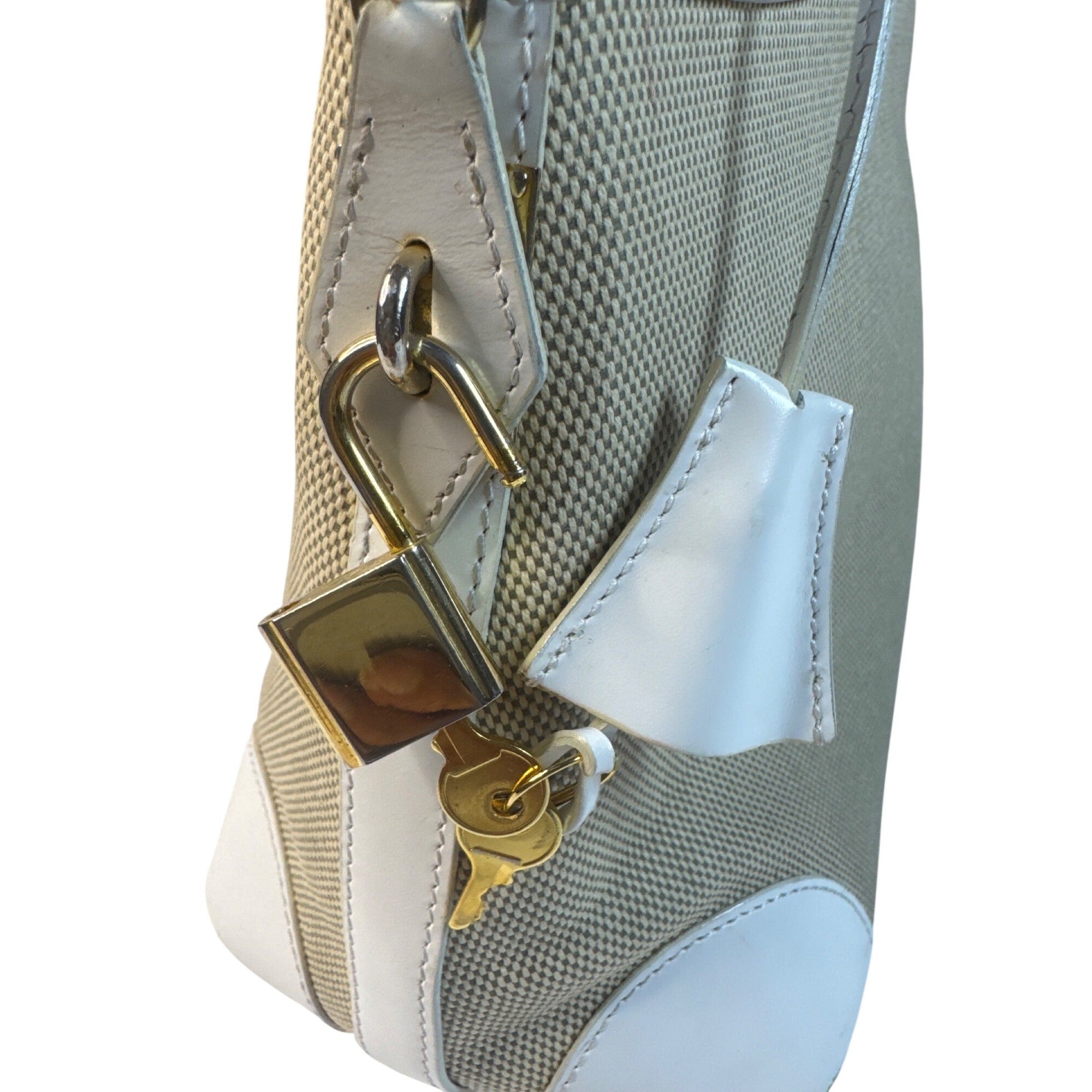 Vintage Siso Beige/White Leather Trim Canvas Handbag Made In Italy W/Lock & Key