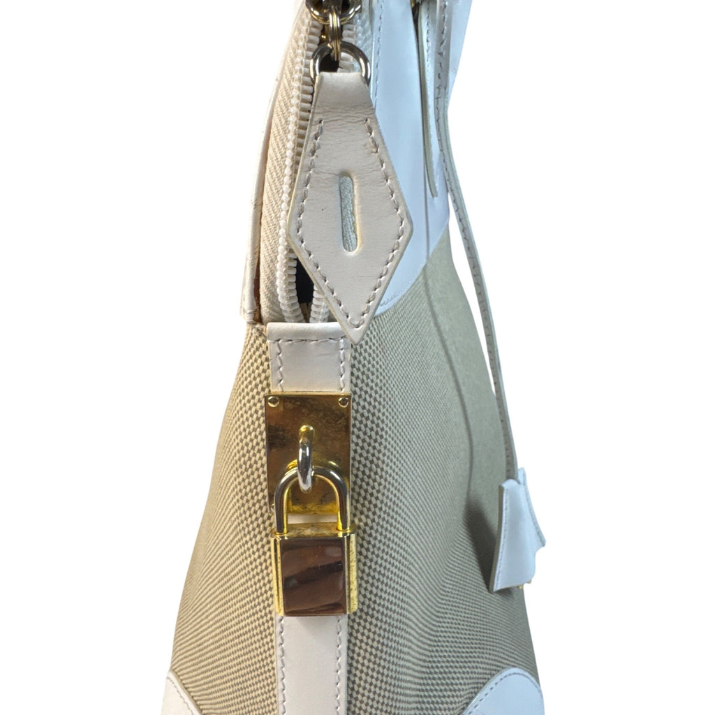 Vintage Siso Beige/White Leather Trim Canvas Handbag Made In Italy W/Lock & Key
