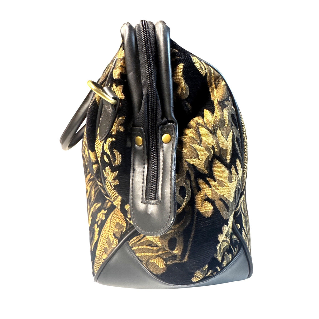 Bueno Black & Gold Tapestry Handbag With Leather Trim & Metal Feet