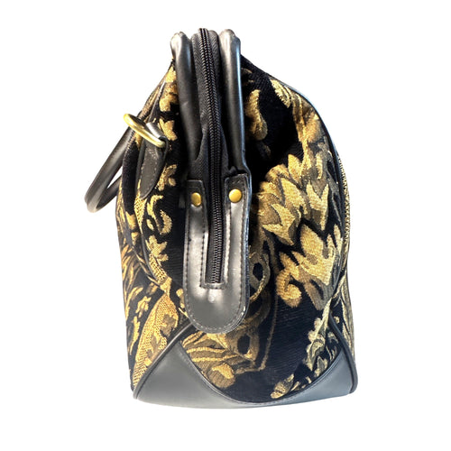 Bueno Black & Gold Tapestry Handbag With Leather Trim & Metal Feet