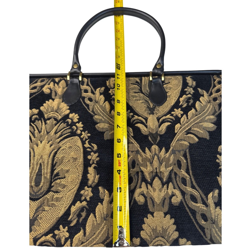 Bueno Black & Gold Tapestry Handbag With Leather Trim & Metal Feet