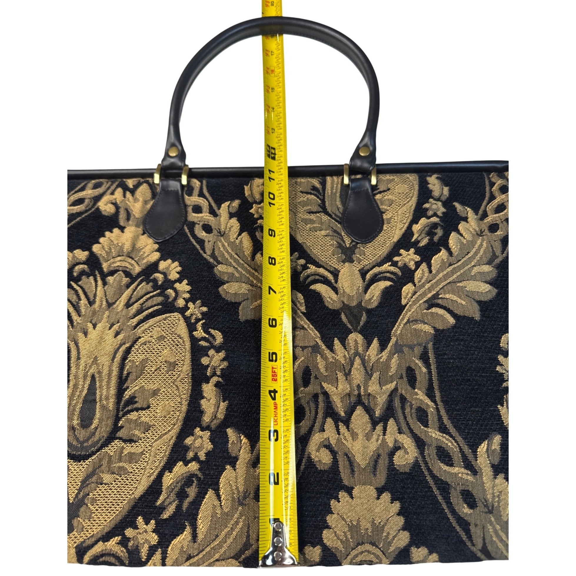Bueno Black & Gold Tapestry Handbag With Leather Trim & Metal Feet
