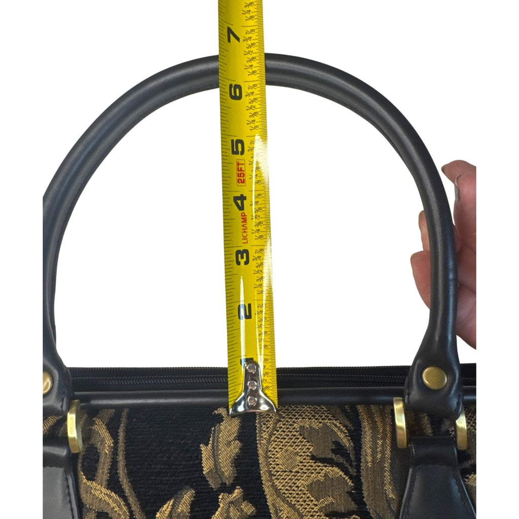 Bueno Black & Gold Tapestry Handbag With Leather Trim & Metal Feet