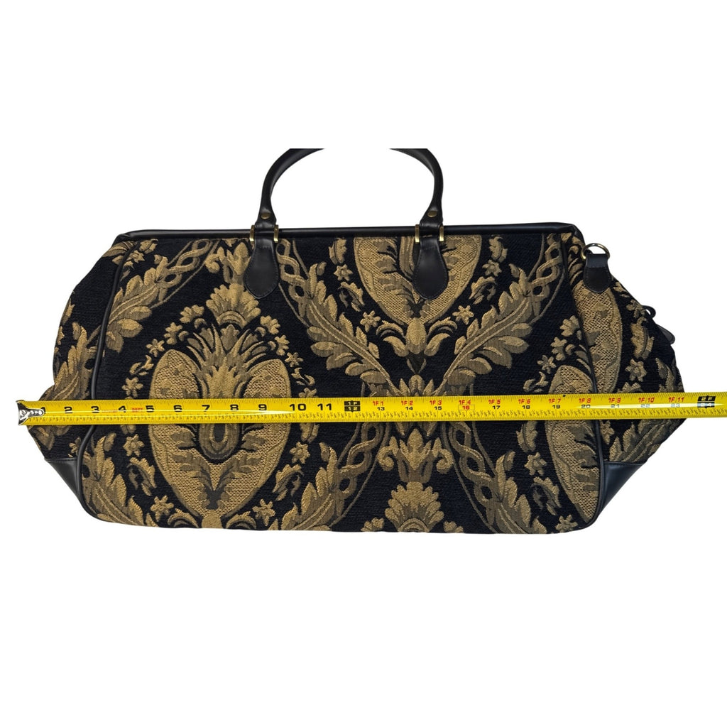 Bueno Black & Gold Tapestry Handbag With Leather Trim & Metal Feet