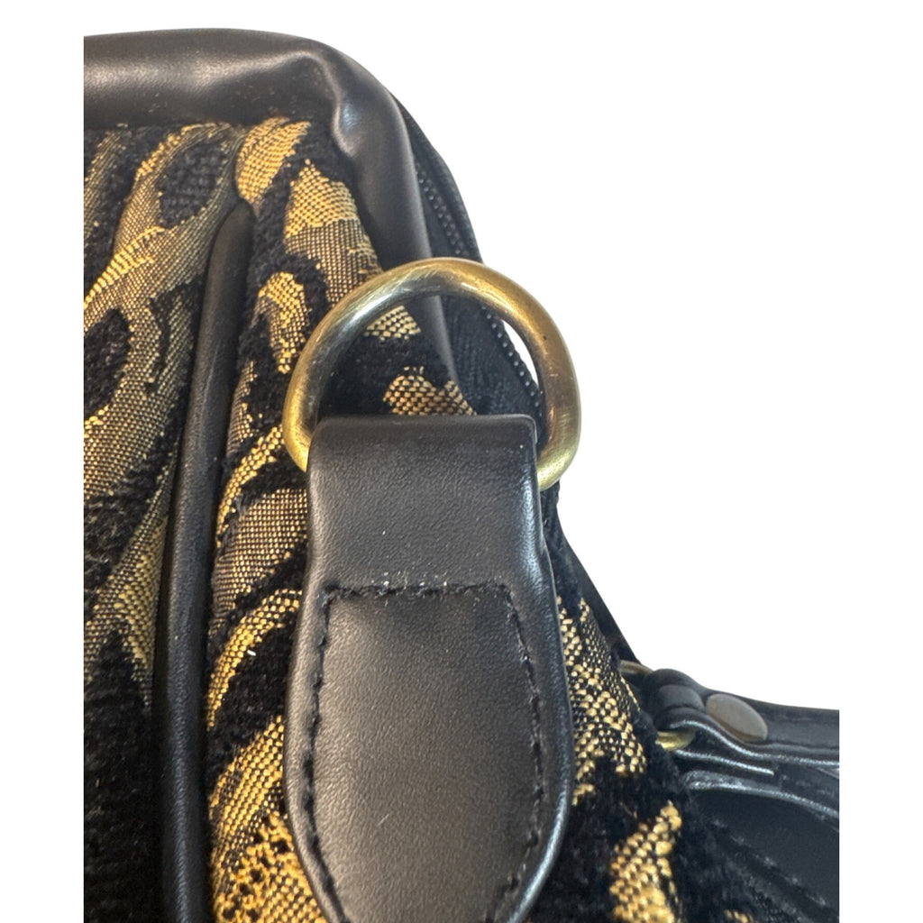 Bueno Black & Gold Tapestry Handbag With Leather Trim & Metal Feet