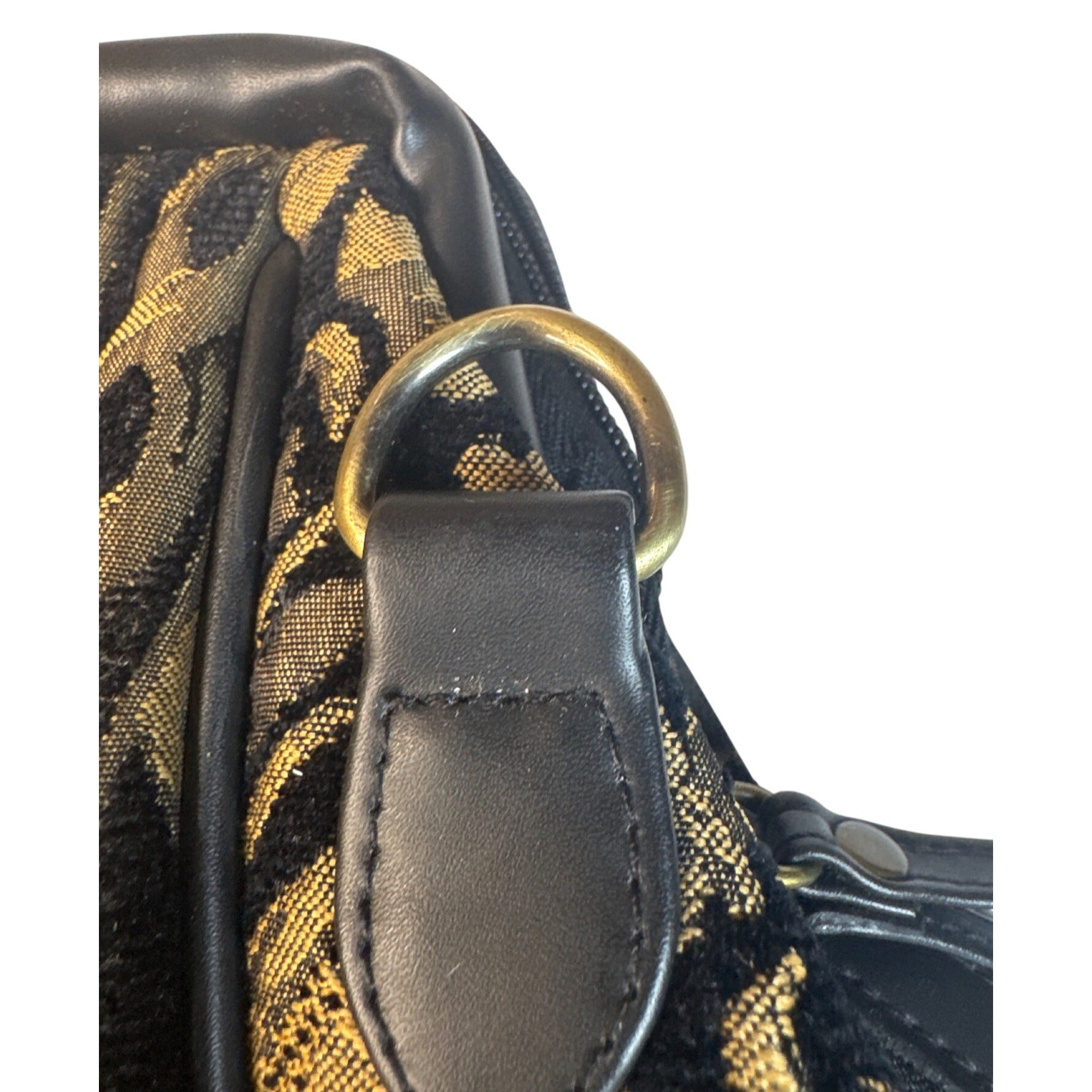 Bueno Black & Gold Tapestry Handbag With Leather Trim & Metal Feet