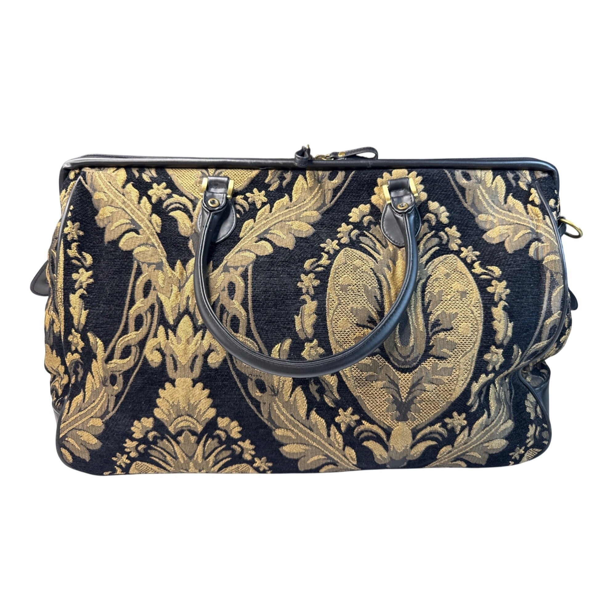Bueno Black & Gold Tapestry Handbag With Leather Trim & Metal Feet