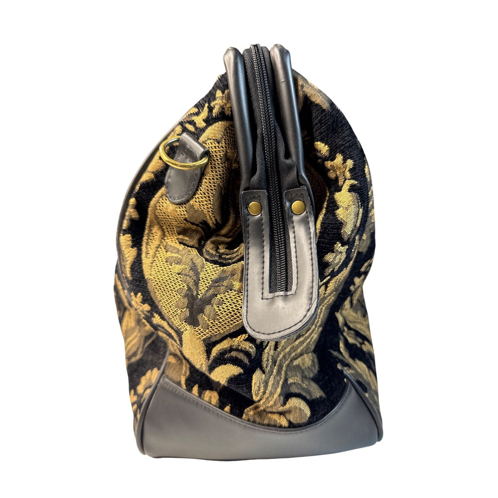 Bueno Black & Gold Tapestry Handbag With Leather Trim & Metal Feet