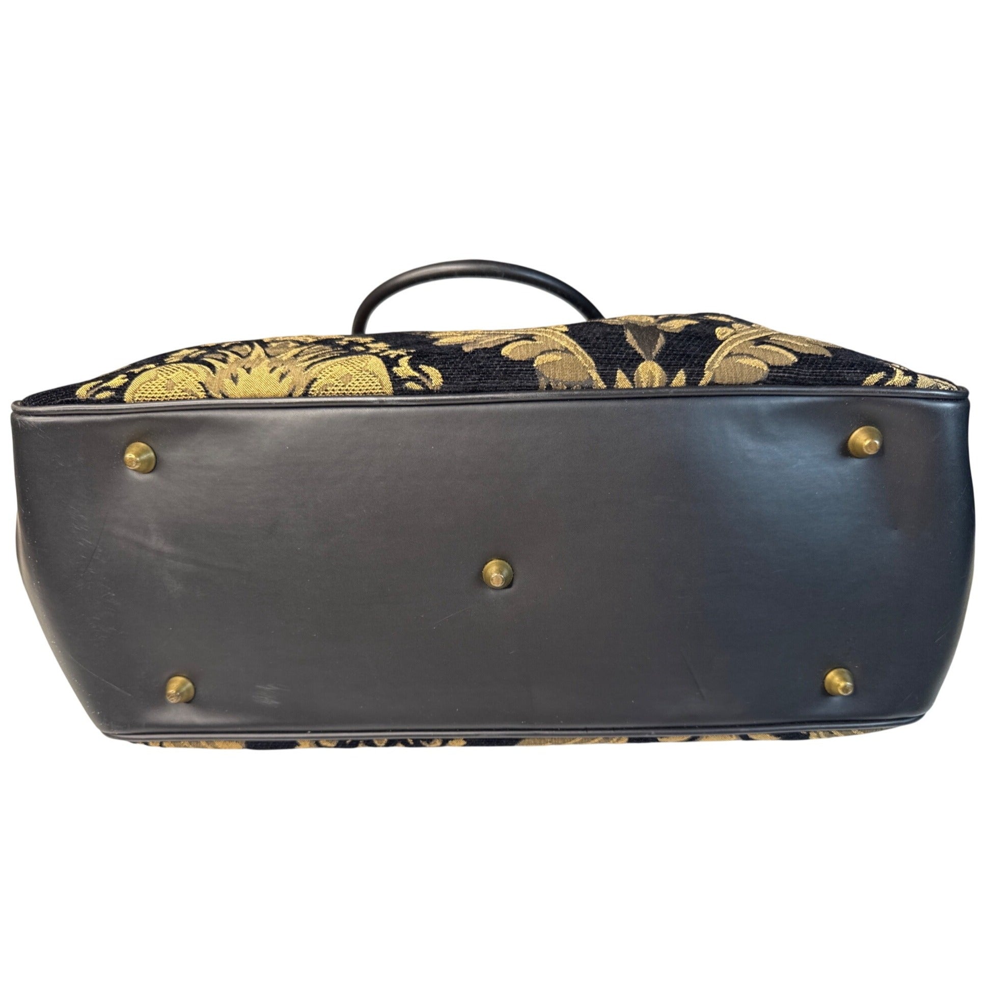 Bueno Black & Gold Tapestry Handbag With Leather Trim & Metal Feet