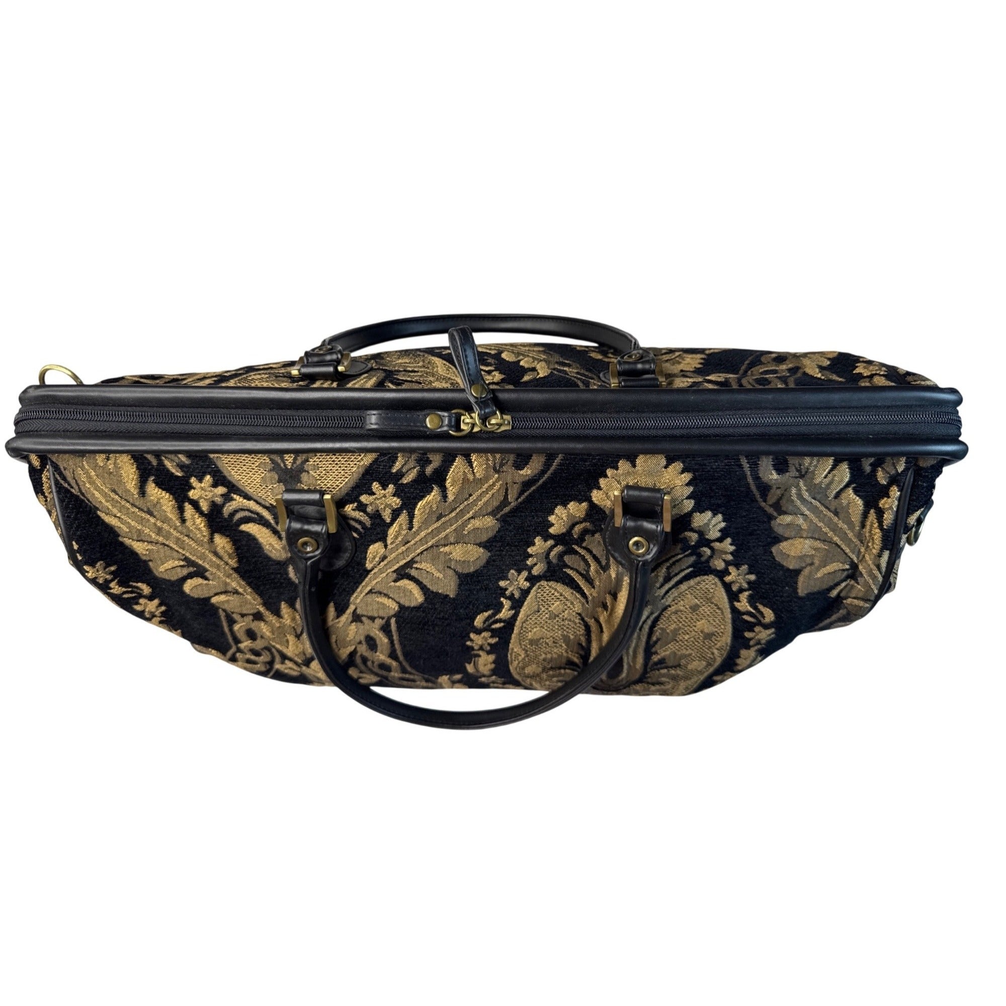 Bueno Black & Gold Tapestry Handbag With Leather Trim & Metal Feet
