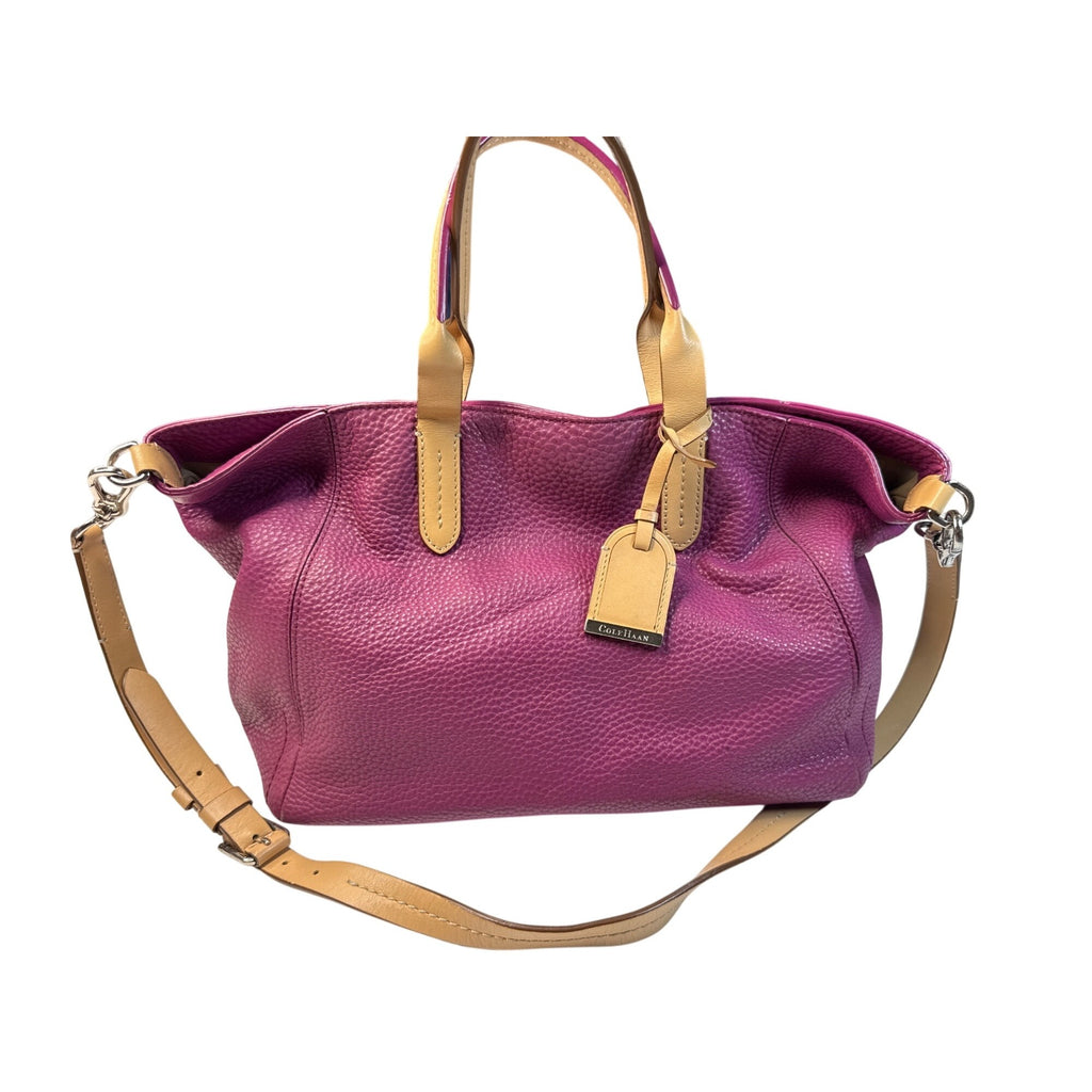 Cole Haan Purple Leather Tote Bag With Cream Interior & Tan Handles 12"x7"x6"