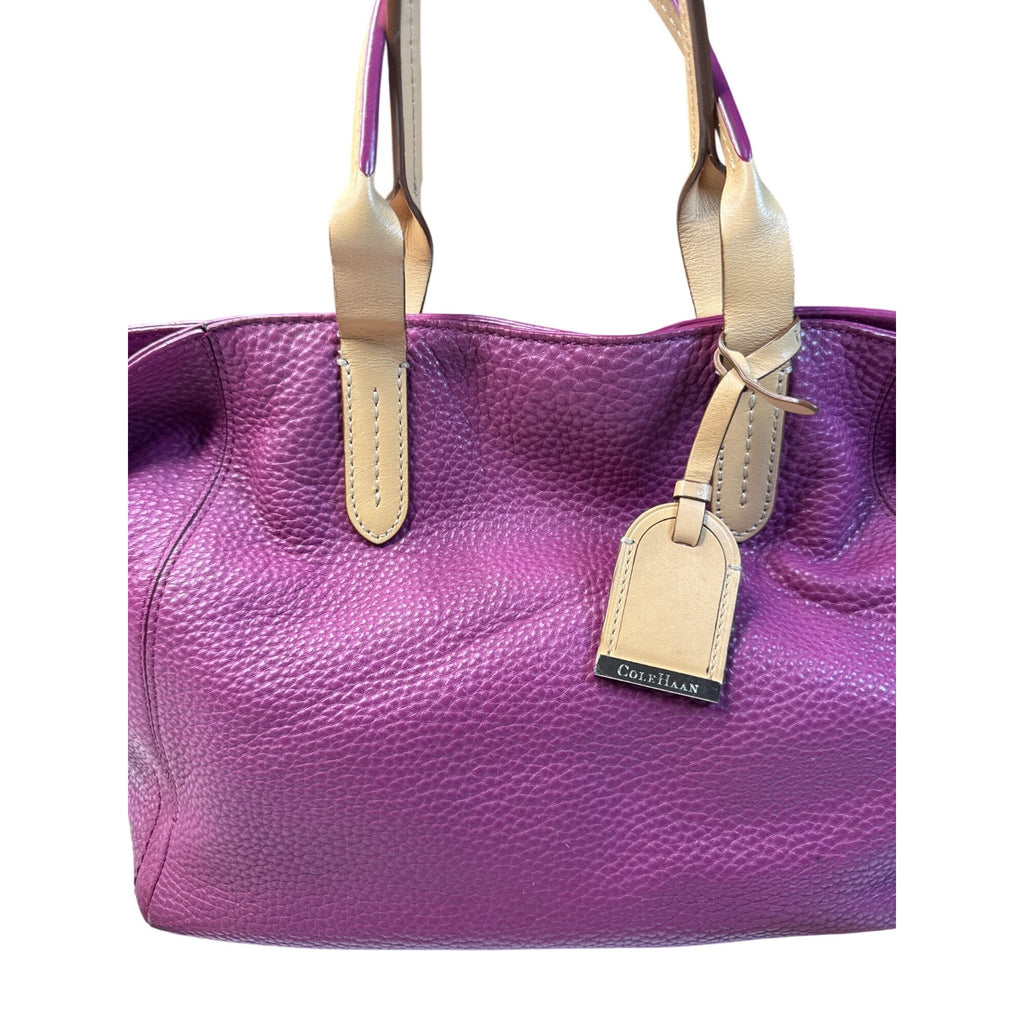 Cole Haan Purple Leather Tote Bag With Cream Interior & Tan Handles 12"x7"x6"