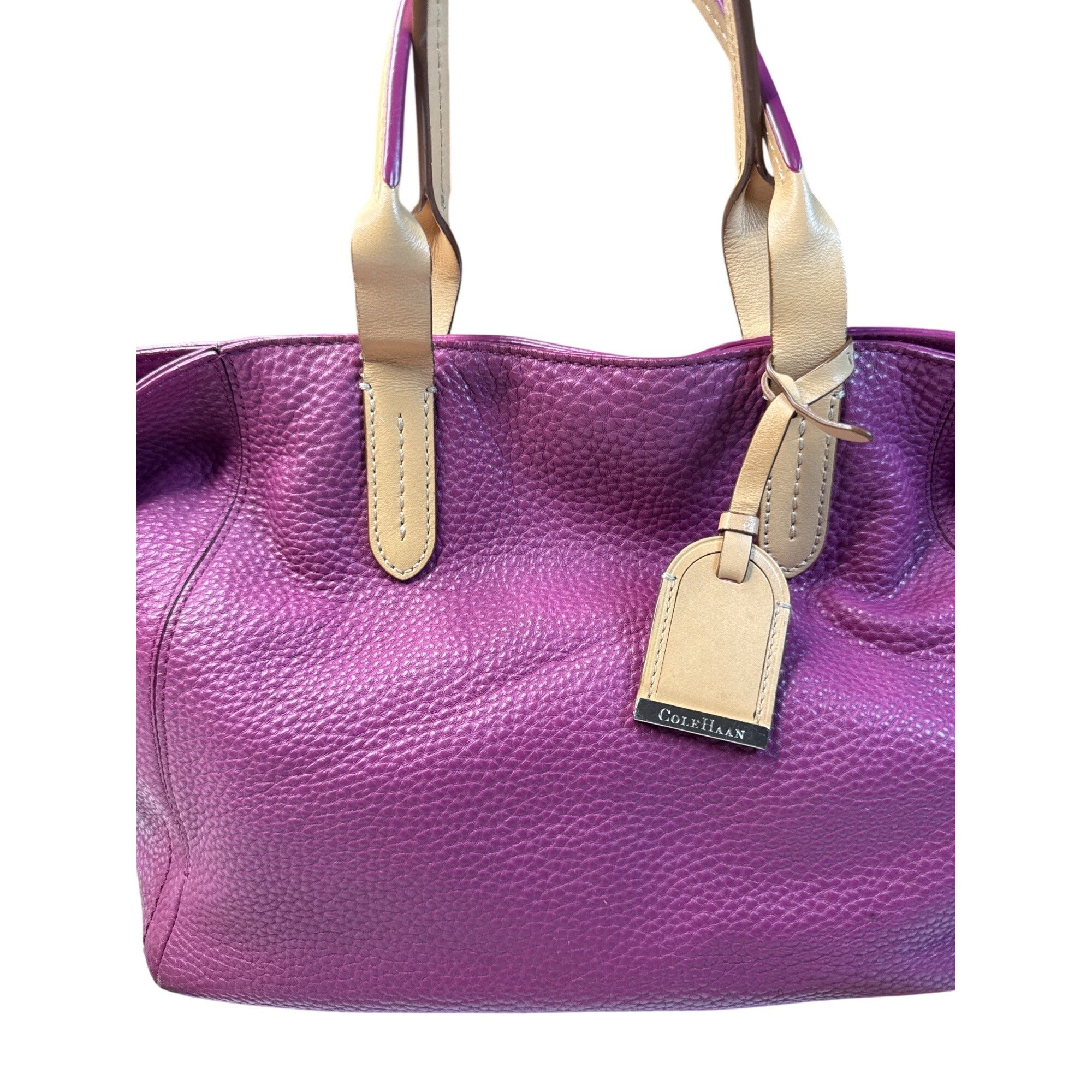 Cole Haan Purple Leather Tote Bag With Cream Interior & Tan Handles 12"x7"x6"