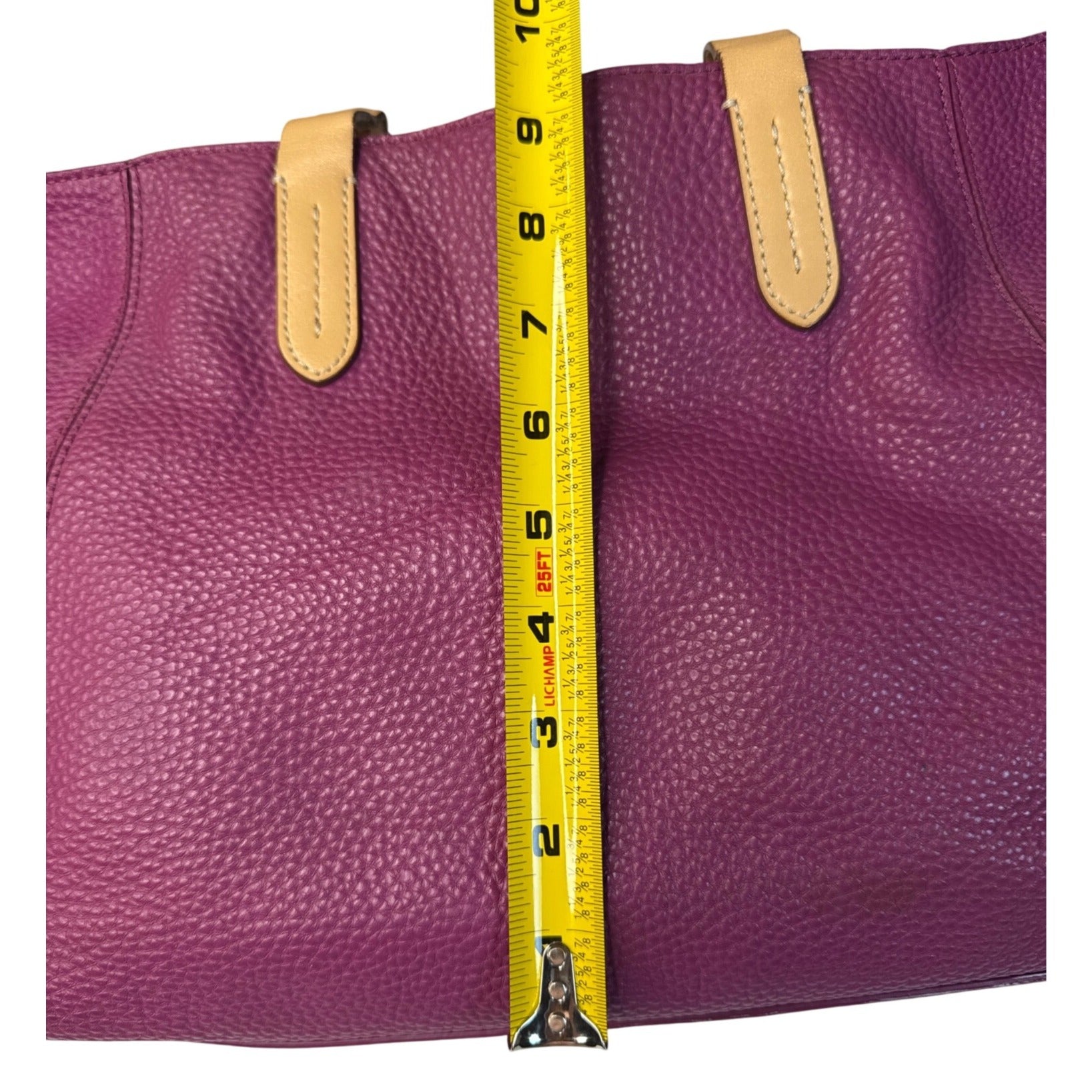Cole Haan Purple Leather Tote Bag With Cream Interior & Tan Handles 12"x7"x6"