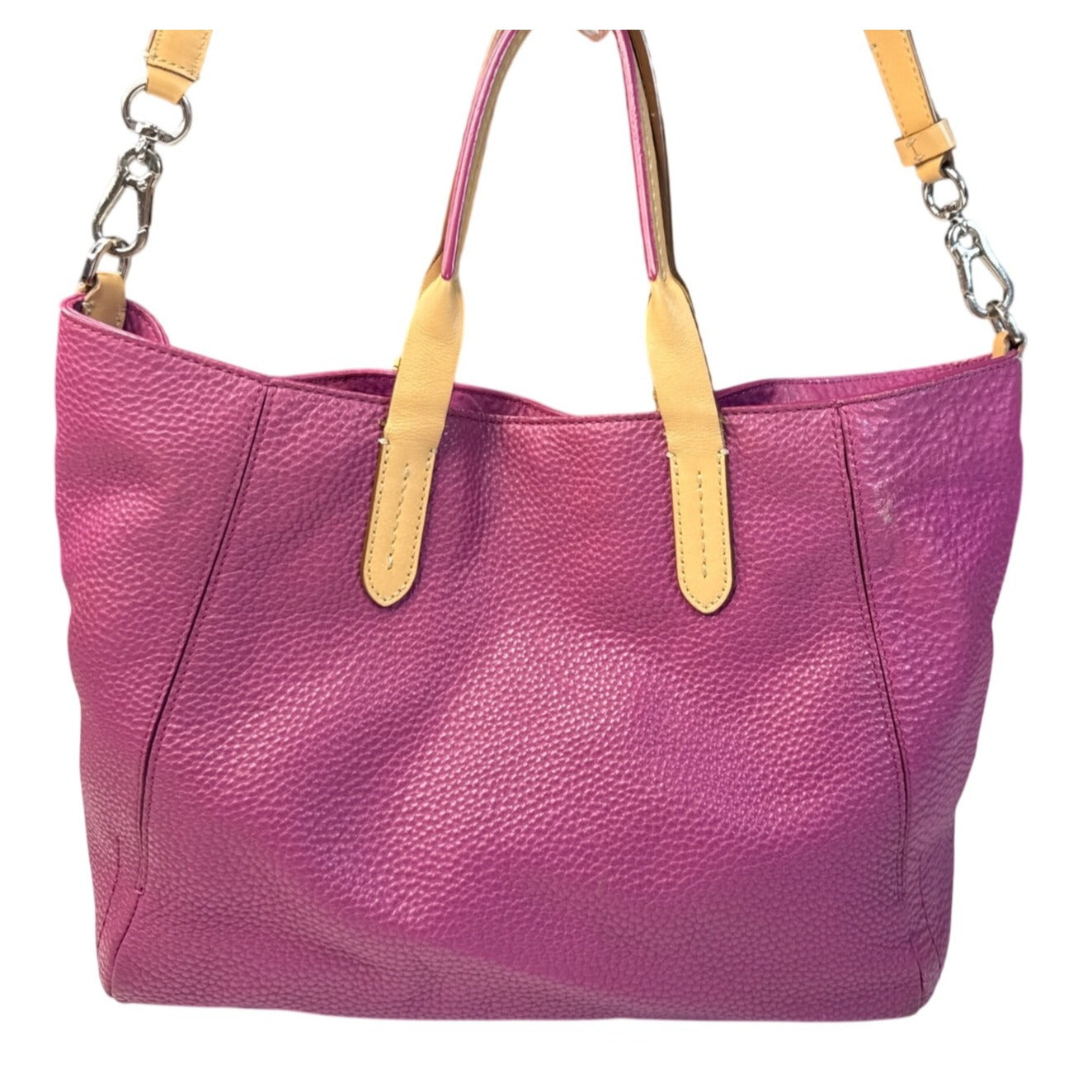 Cole Haan Purple Leather Tote Bag With Cream Interior & Tan Handles 12"x7"x6"