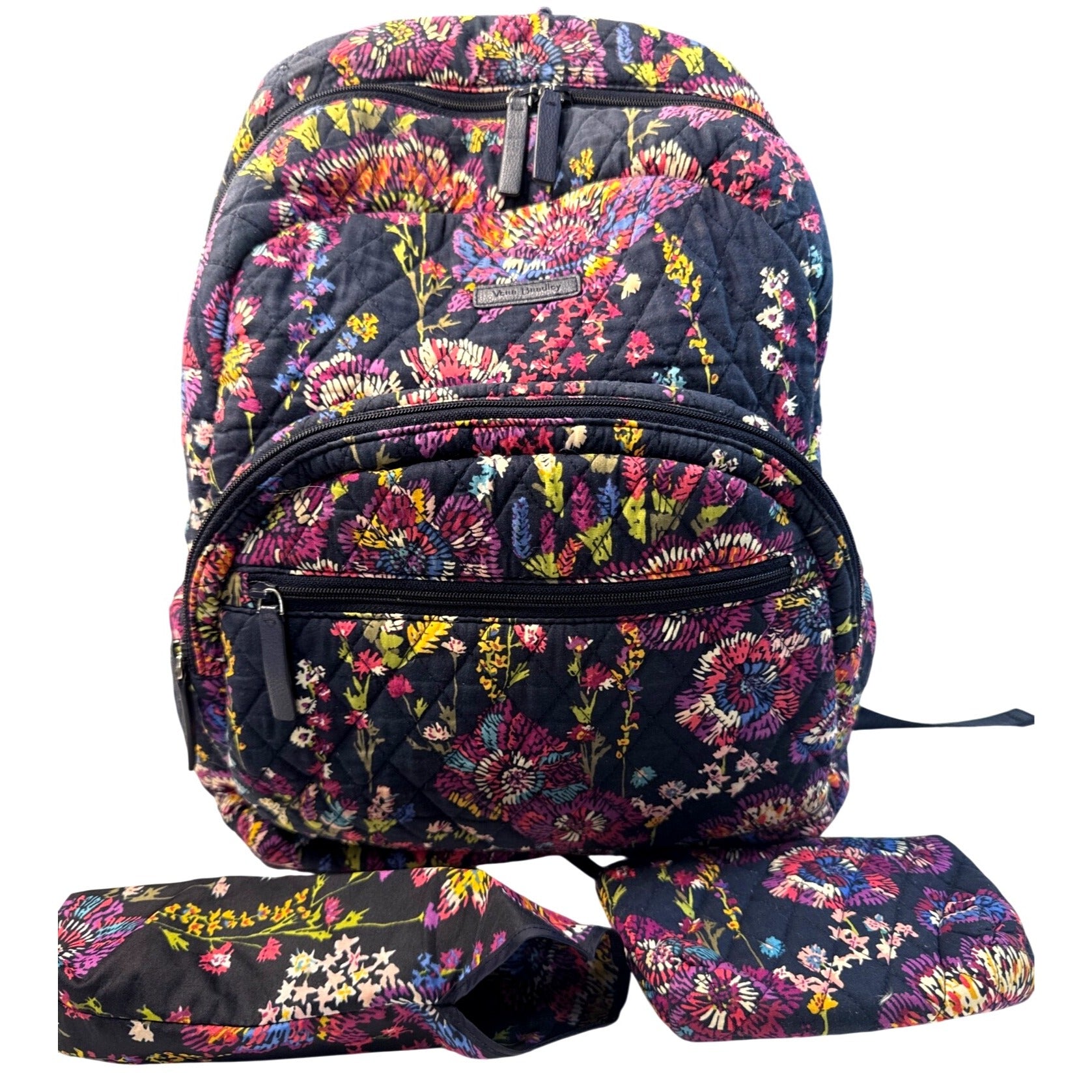 Vera Bradley Quilted Floral Backpack W/Umbrella & Cosmetic Pouches