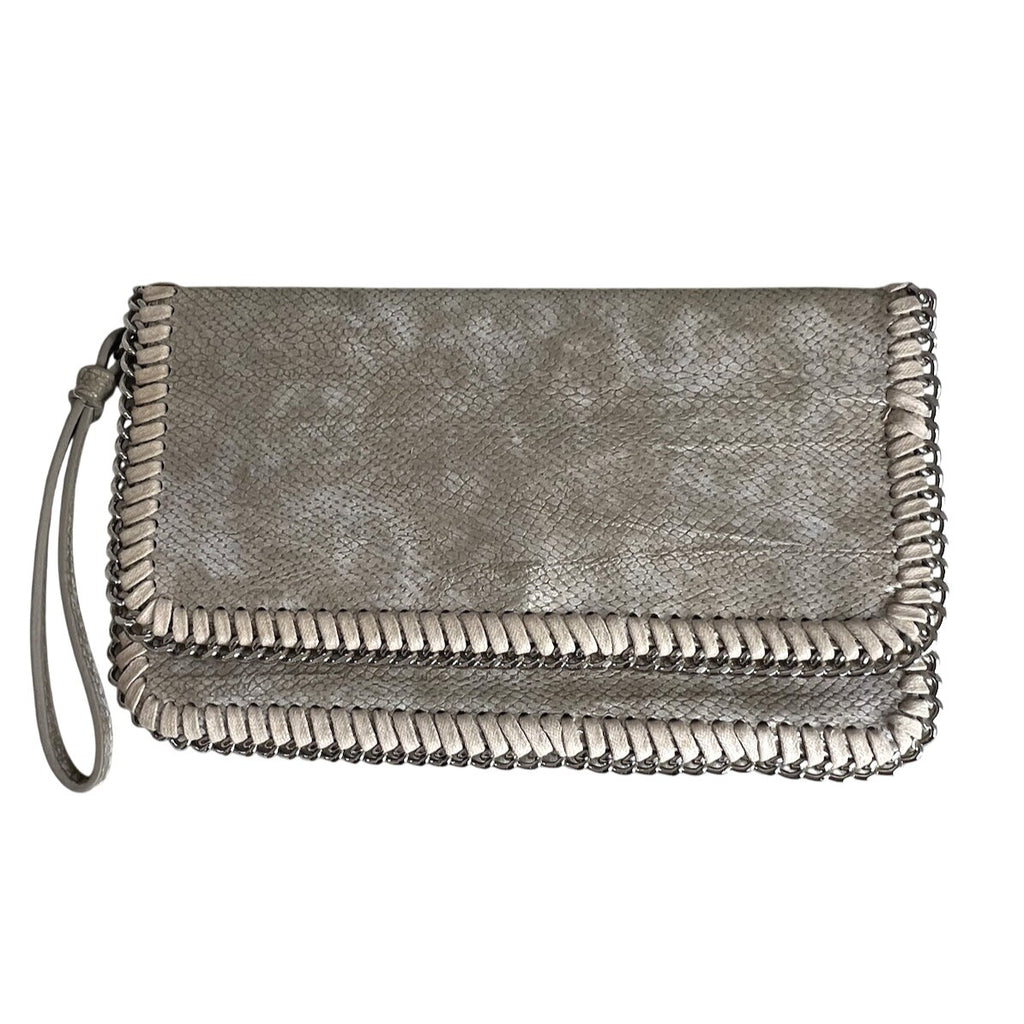 Inzi Silver Metallic Faux Snakeskin Clutch With Chain Trim & Wristlet