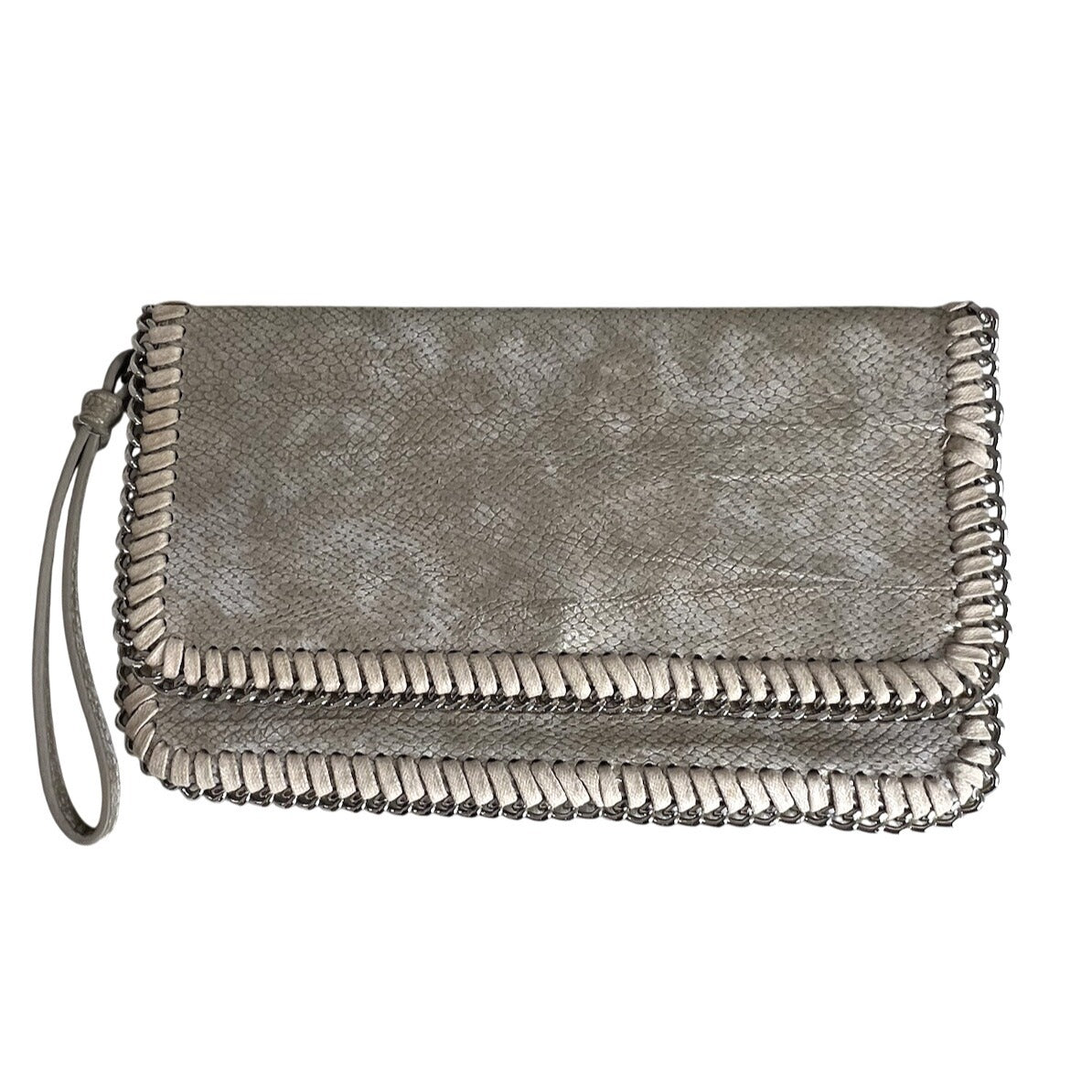 Inzi Silver Metallic Faux Snakeskin Clutch With Chain Trim & Wristlet