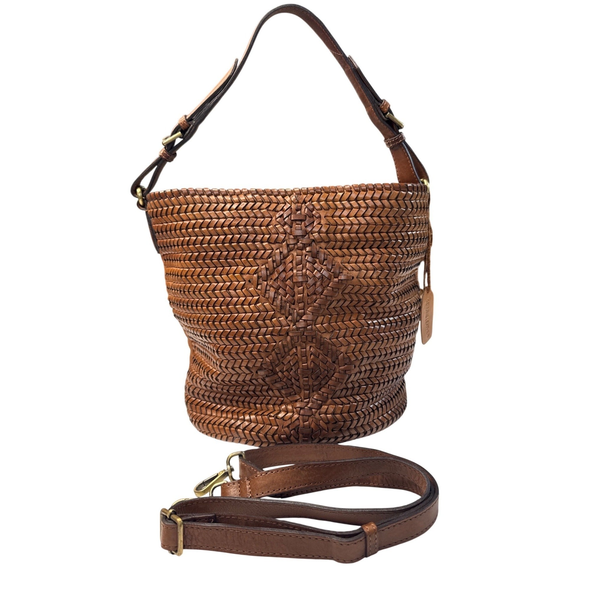 Woven Genuine Leather Brown Shoulder Bag W/Adjustable Strap & Inner Pockets