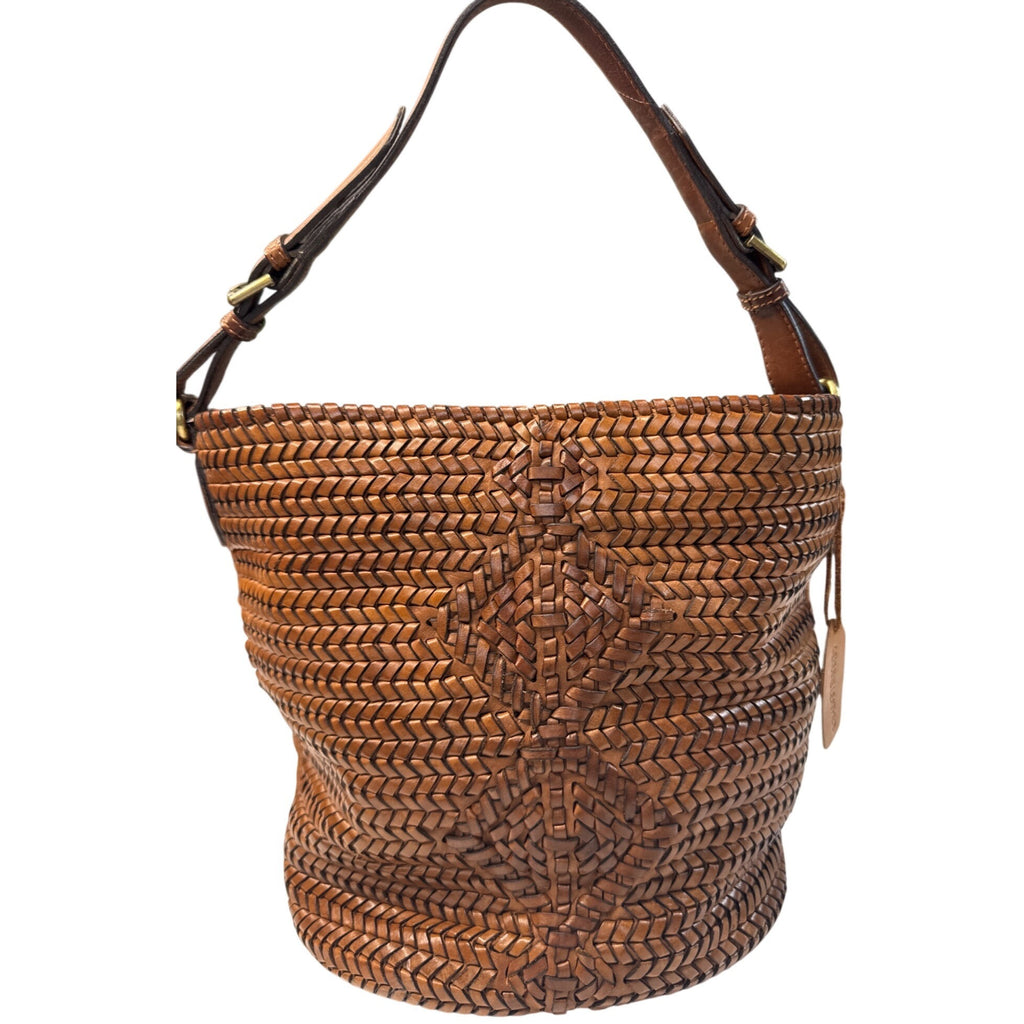 Woven Genuine Leather Brown Shoulder Bag W/Adjustable Strap & Inner Pockets