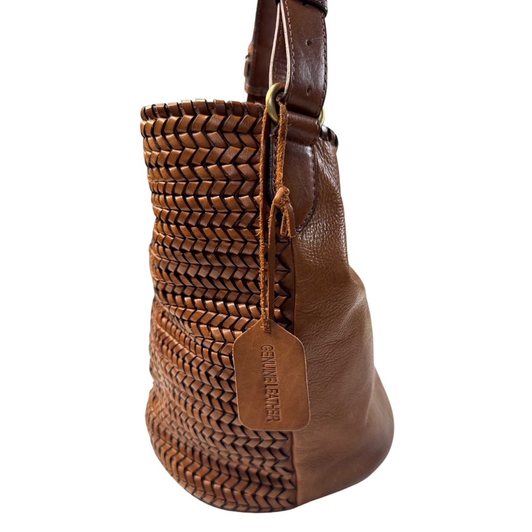 Woven Genuine Leather Brown Shoulder Bag W/Adjustable Strap & Inner Pockets