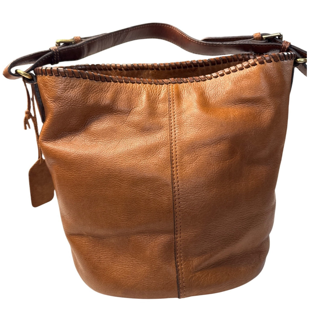 Woven Genuine Leather Brown Shoulder Bag W/Adjustable Strap & Inner Pockets