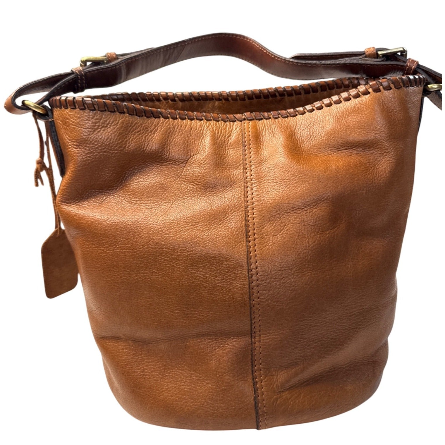 Woven Genuine Leather Brown Shoulder Bag W/Adjustable Strap & Inner Pockets