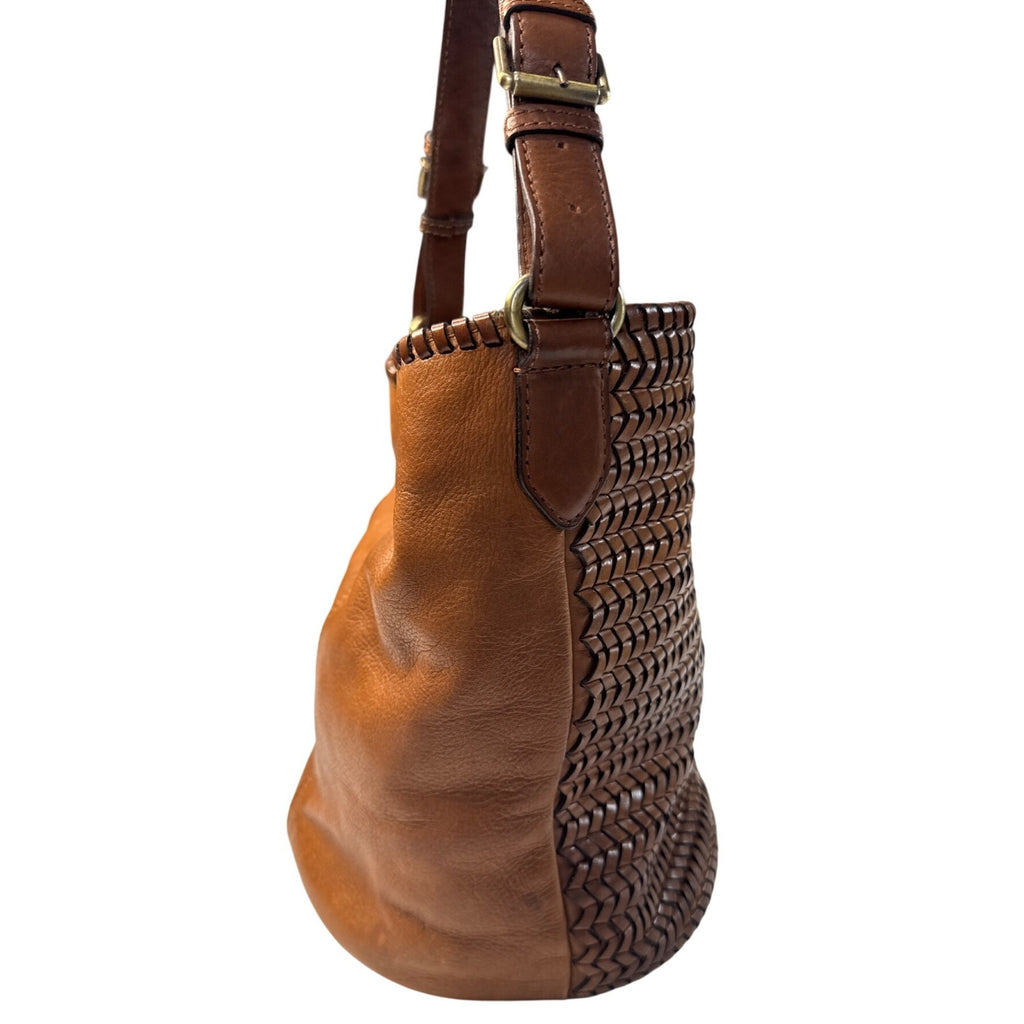 Woven Genuine Leather Brown Shoulder Bag W/Adjustable Strap & Inner Pockets