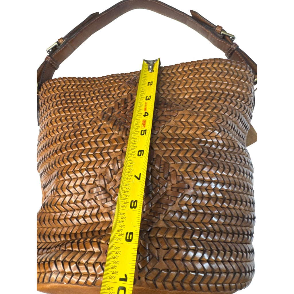 Woven Genuine Leather Brown Shoulder Bag W/Adjustable Strap & Inner Pockets