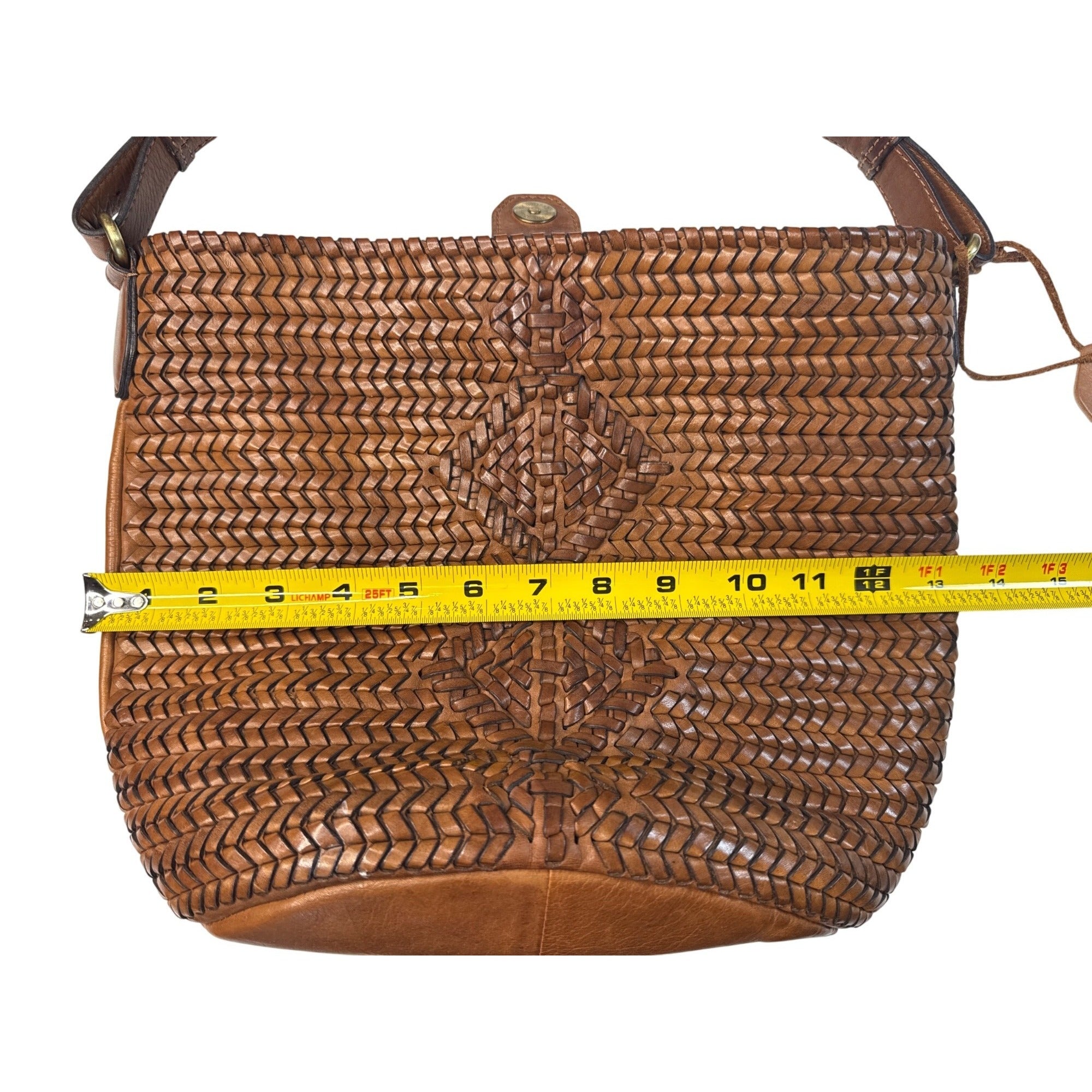Woven Genuine Leather Brown Shoulder Bag W/Adjustable Strap & Inner Pockets